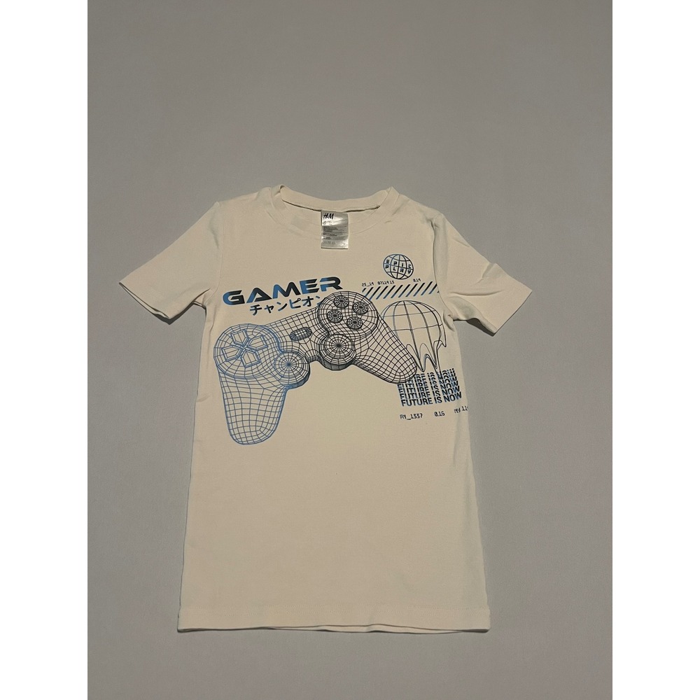 HM Gamer Graphic‎ T-Shirt Boys Size 12Y Cream Blue Controller Video Game Tee